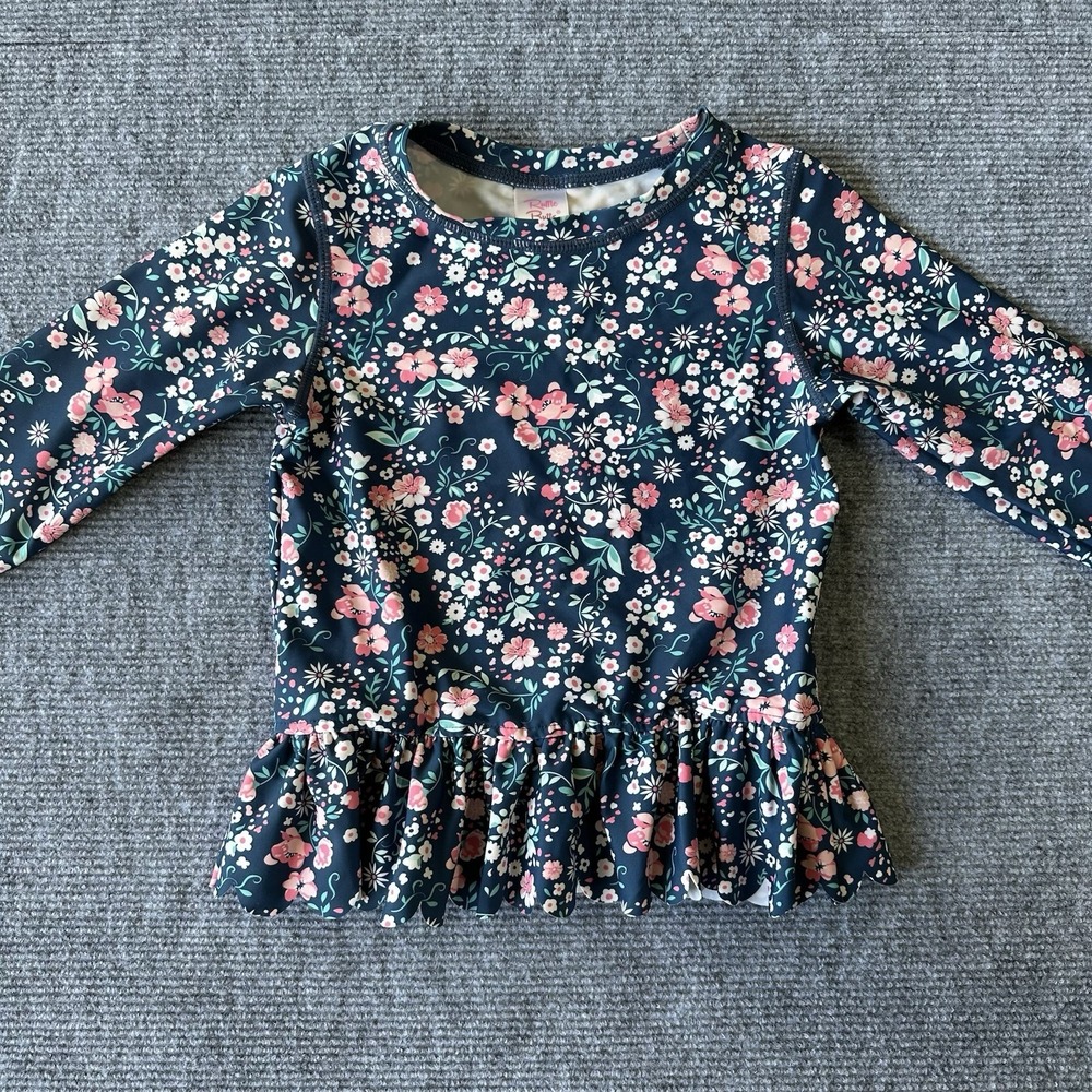 RuffleButts Girls 4T Floral Long Sleeve Ruffle Rash Guard Swim Shirt Top